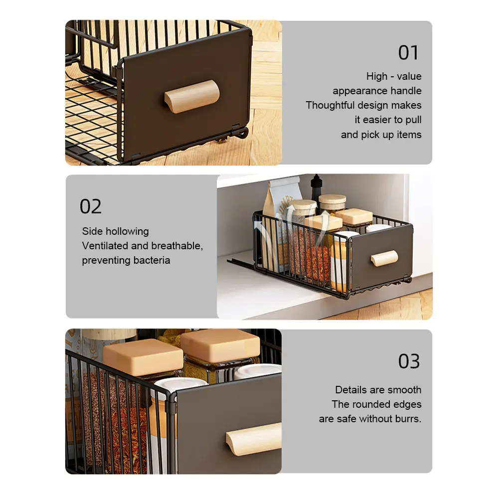 Metal Sliding Cabinet Organizer Punch-Free Multifunctional Basket Wear Resist Storage Basket Drawer for Kitchen & Bathroom