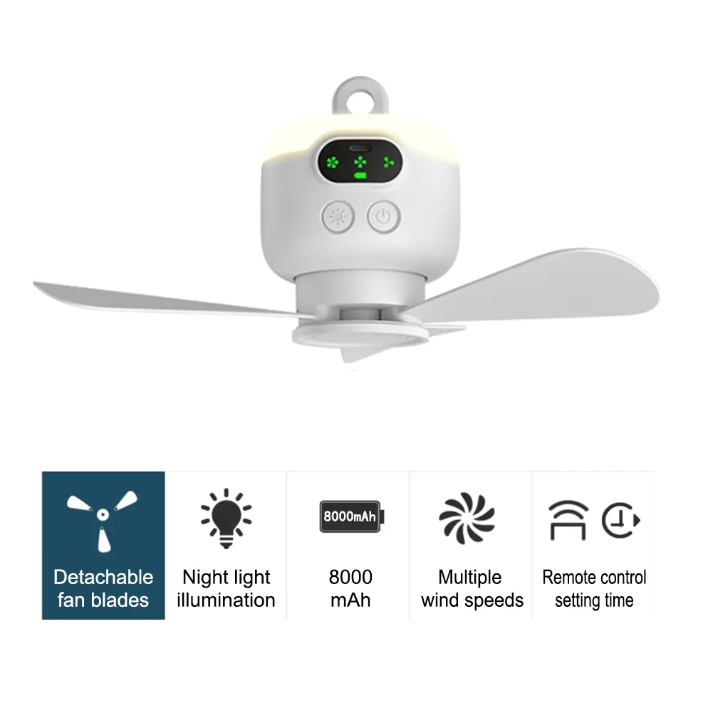 Ceiling Fan 8000mAh Wireless Portable Camping Ceiling Fan Rechargeable Tent Ceiling Lamp Fan with Lighting and Remote Control