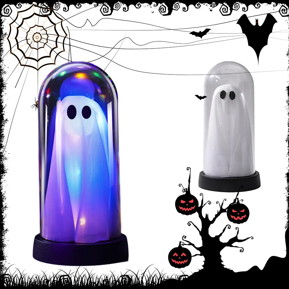 Halloween Ghost Decor Light Cordless Novelty Ghost Tabletop Lamp Warm Light Under Glass Lighted Ghost Festive Atmosphere Light