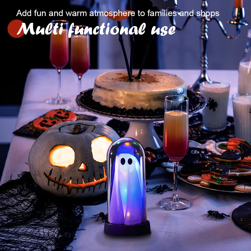 Halloween Ghost Decor Light Cordless Novelty Ghost Tabletop Lamp Warm Light Under Glass Lighted Ghost Festive Atmosphere Light