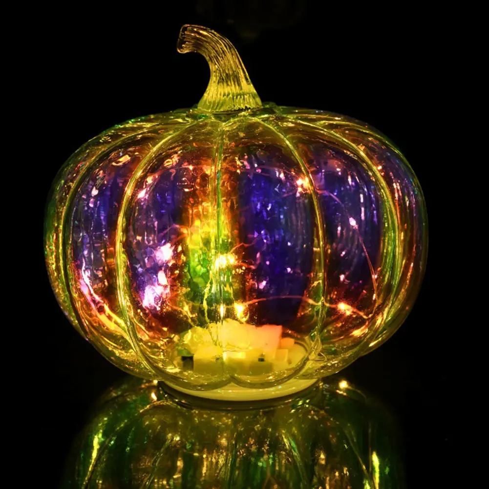 Decorative Pumpkin Lantern with Timer Halloween Luminous Ornaments 3 Modes Glass Pumpkin Lantern Holiday Lighting Decorations
