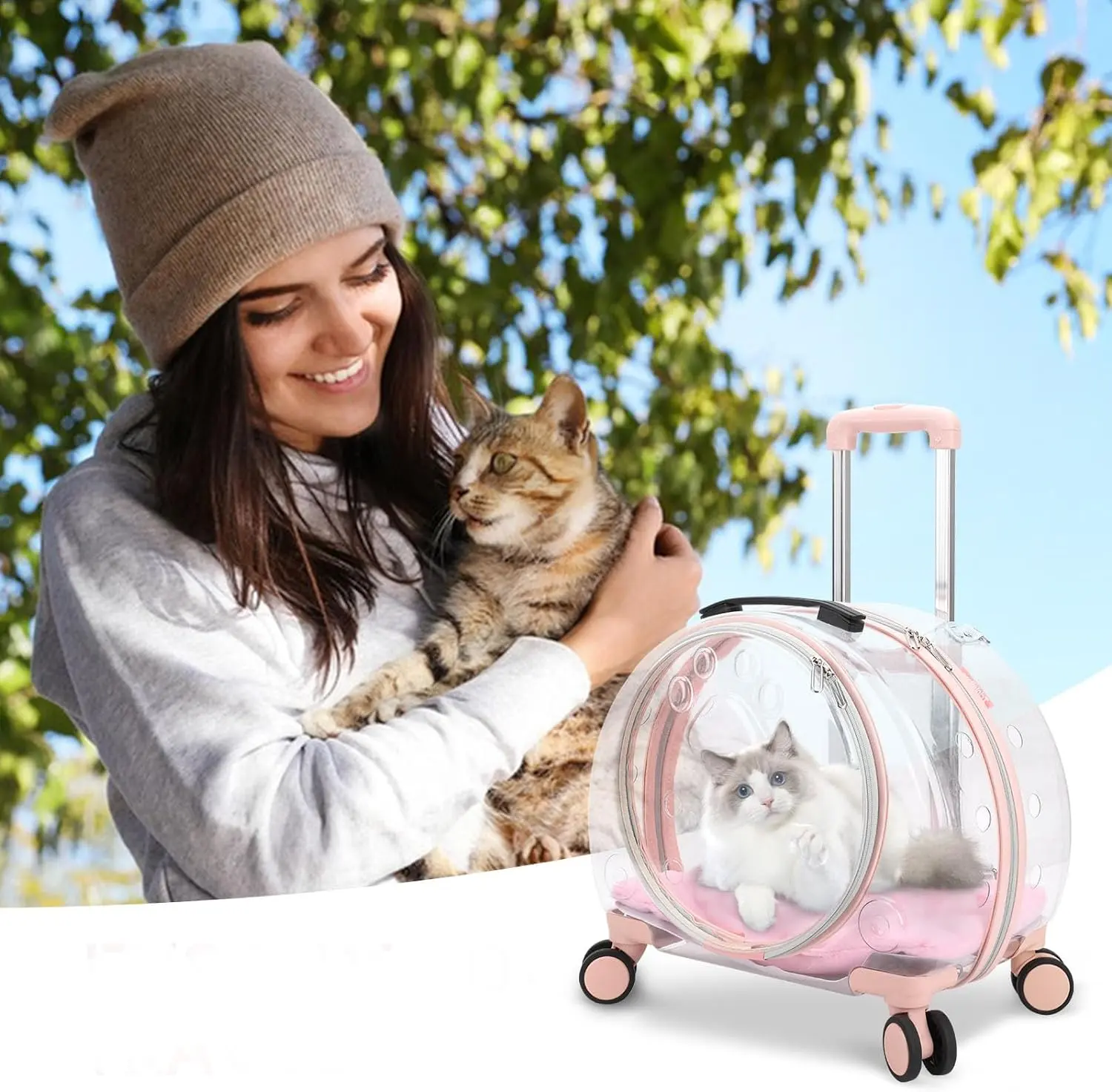 Airline Approved Cat Dog Carrier Backpack Fully Transparent Portable PC Trolley Case With Wheels Breathable Travel Kennel Bag