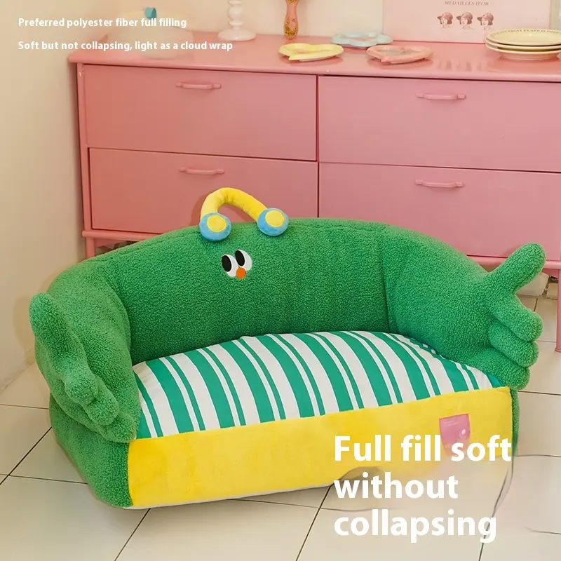 High Quality Green Floral Small Dog Sofa Plush Pet Bed Removable Four Seasons Universal Kennel Durable Cloth Material Carton