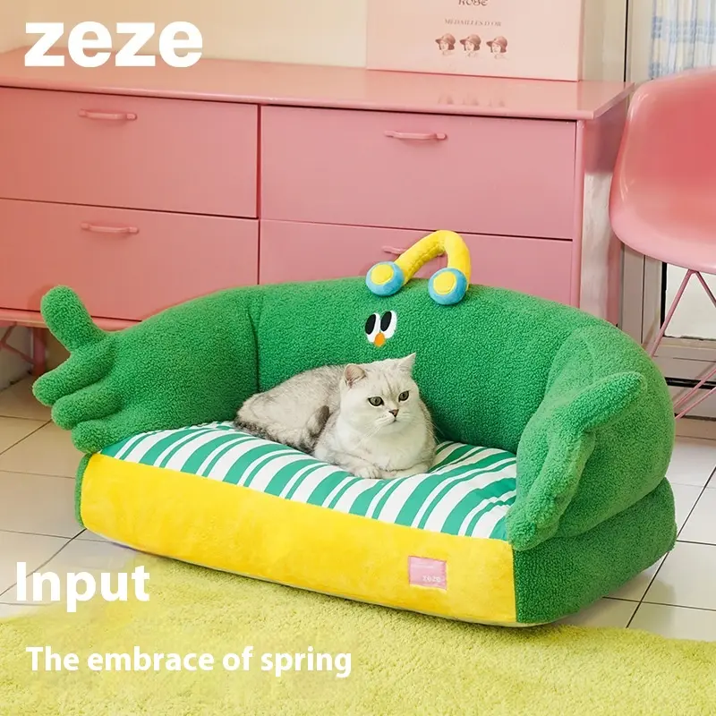 High Quality Green Floral Small Dog Sofa Plush Pet Bed Removable Four Seasons Universal Kennel Durable Cloth Material Carton