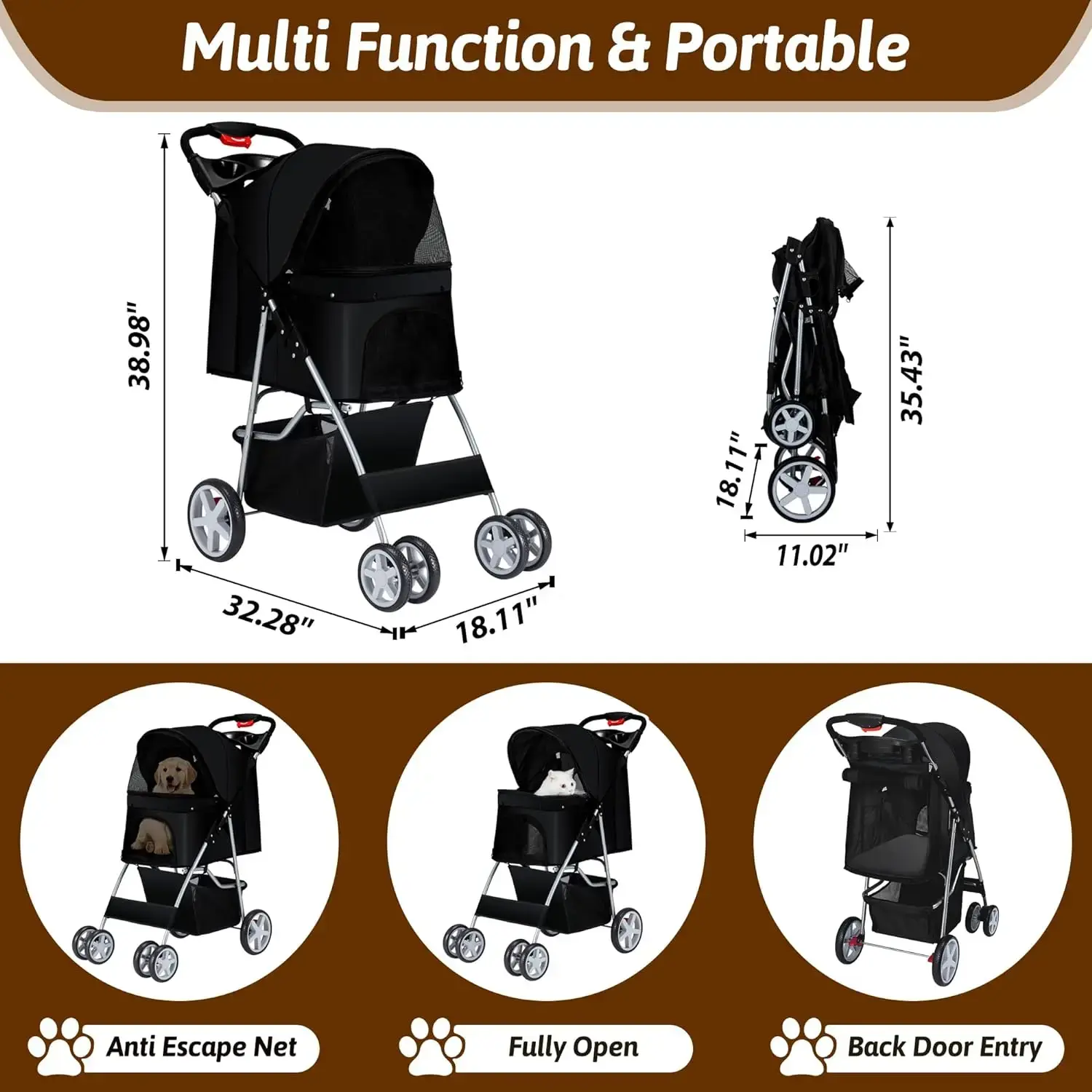 Foldable dog stroller detachable pet stroller 4 wheels dog trolley carrier travel cart for dogs and cats