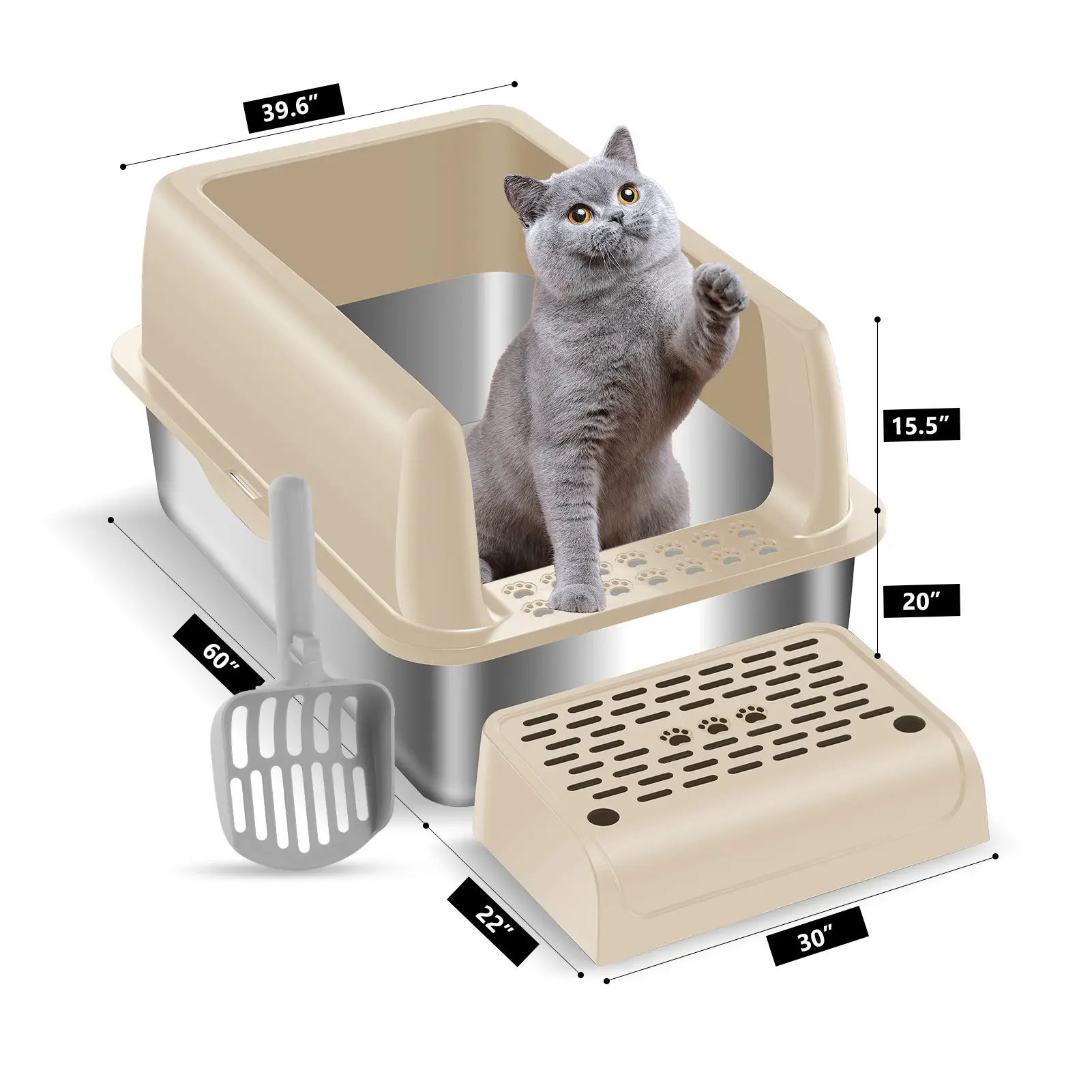 Stainless Steel Cat XL Litter Box Semi Closed Cat Litter Box Easy Cleaning Metal Litter Pan Tray
