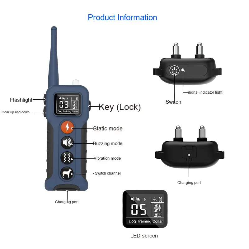 Intelligent Rechargeable Dog Collar Trainer Remote Control Electric Shock Vibration Bark Control Device Custom Plastic