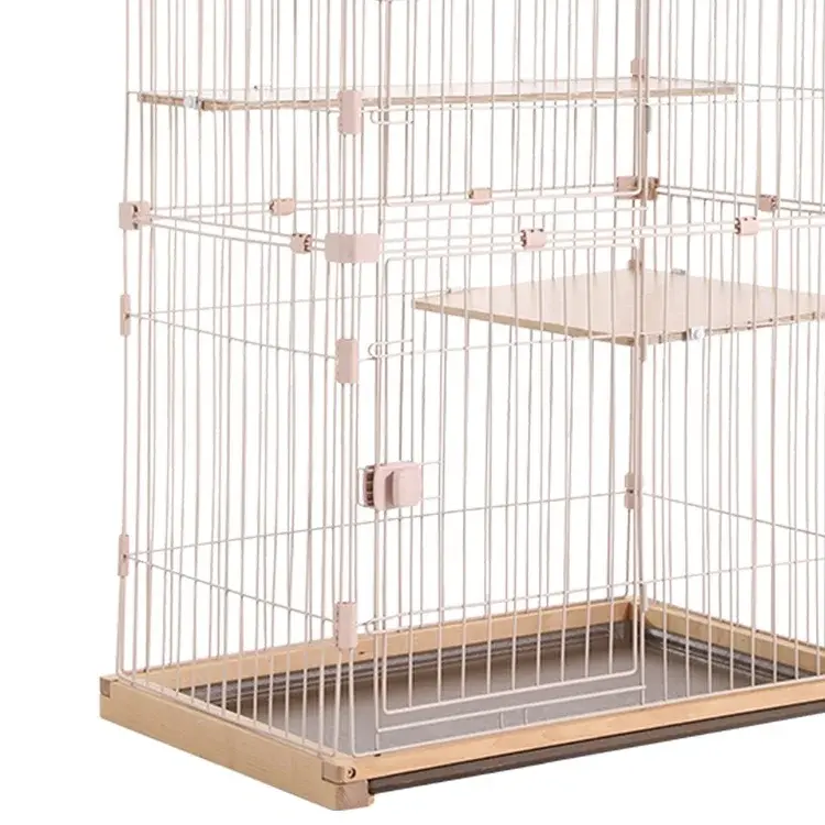 Wholesale Metal Wired 3 Layer Cat Cage Wooden Frame Cat Rabbit Cage with Wheel