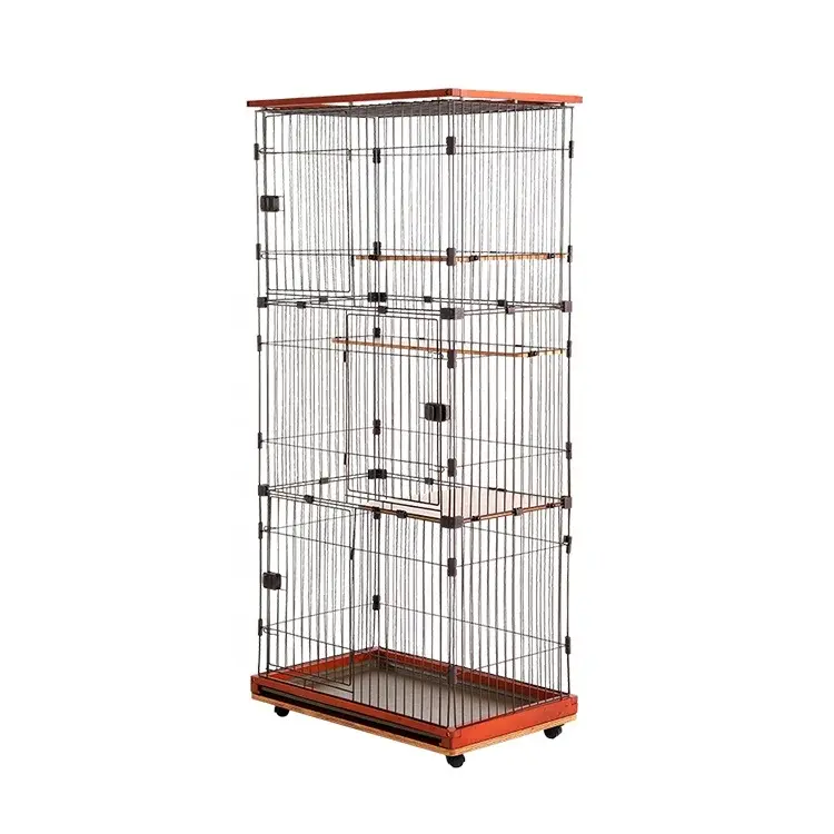 Wholesale Metal Wired 3 Layer Cat Cage Wooden Frame Cat Rabbit Cage with Wheel