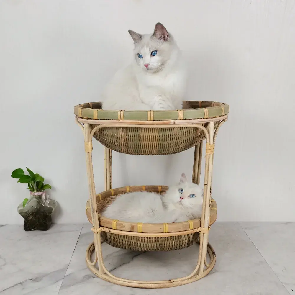 ICLE--New Arrivals Natural Handmade Bamboo Cat Tree House Pet Bed Indoor Mattress Eco Friendly Fruit Basket 2 Tiers