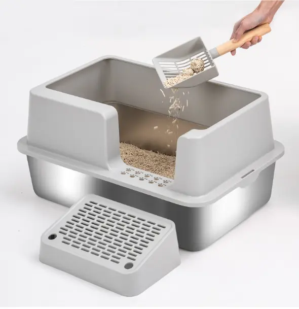 Stainless Steel Litter Box Cat Litter Box Enclosure with Lid Easy Cleaning Kitty Litter Box Anti-Leakage Including Scoop
