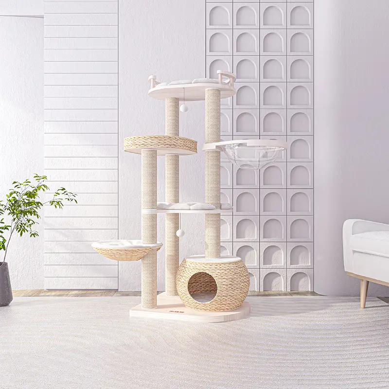 Hot Sell Solid Wood Rattan Wooden Cat Climbing Cat Tree Furniture After Scraping Pet House Cats