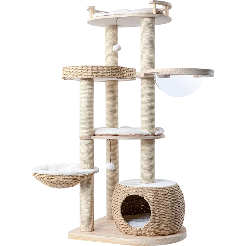 Large Luxury Pet Condo Trees Play Furniture Scratcher Modern Rattan Multi-Layer Cat Climbing Frame Tree