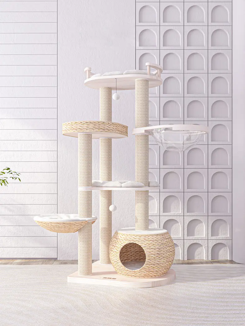Large Luxury Pet Condo Trees Play Furniture Scratcher Modern Rattan Multi-Layer Cat Climbing Frame Tree