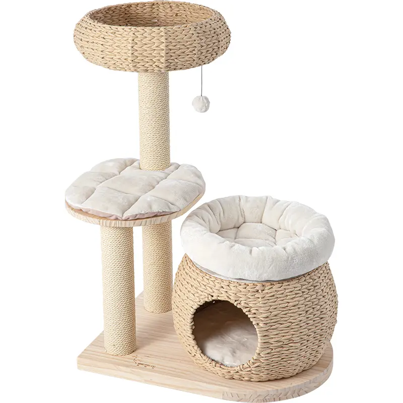 Large Luxury Pet Condo Trees Play Furniture Scratcher Modern Rattan Multi-Layer Cat Climbing Frame Tree