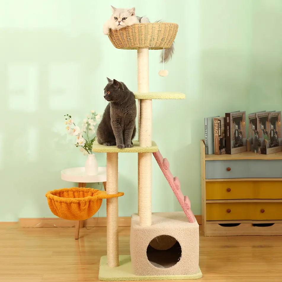 LOW MOQ Morden Wooden Cat Tree House Scratcher Floor to Ceiling Cat Climbing Tree Furniture Indoor