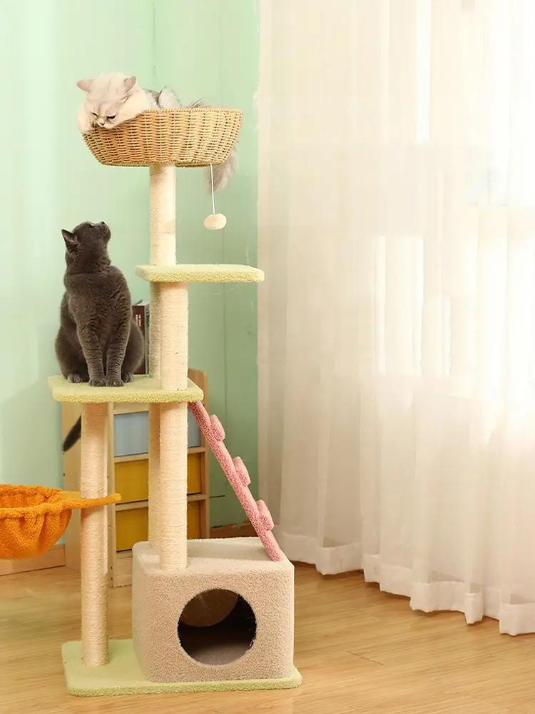 LOW MOQ Morden Wooden Cat Tree House Scratcher Floor to Ceiling Cat Climbing Tree Furniture Indoor