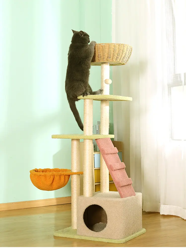 LOW MOQ Morden Wooden Cat Tree House Scratcher Floor to Ceiling Cat Climbing Tree Furniture Indoor