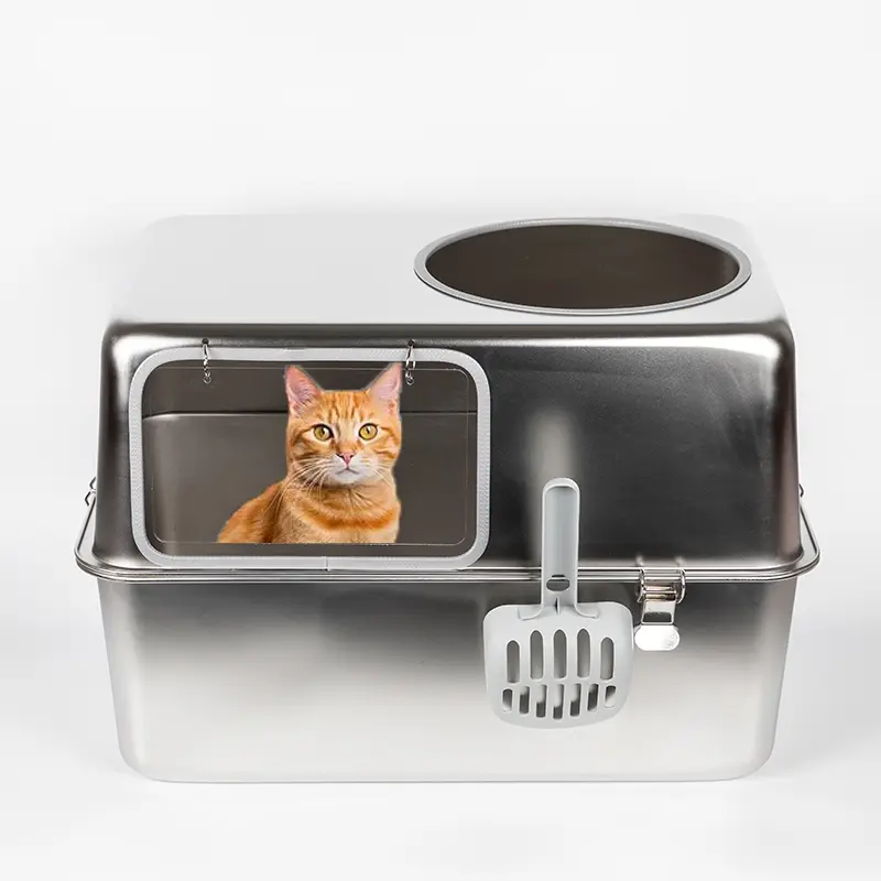 Large Capacity Detachable Stainless Steel Cat Litter Box with Cat Litter Scoop Easy to Clean Toilet for Medium Large Cats