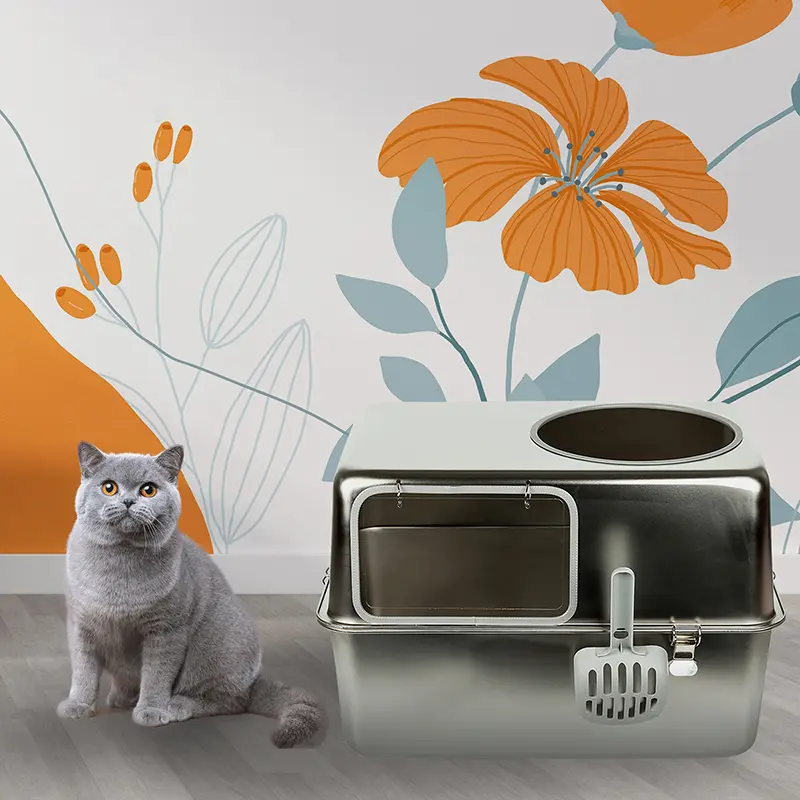 Large Capacity Detachable Stainless Steel Cat Litter Box with Cat Litter Scoop Easy to Clean Toilet for Medium Large Cats