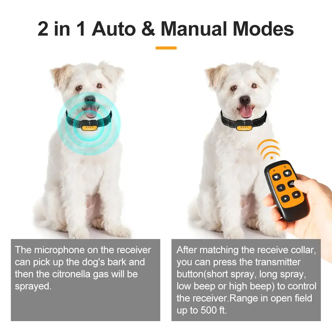 Rechargeable 2 in 1 Remote Control Spray Bark Control Dog Collar and Automatic No Bark Device for Dogs
