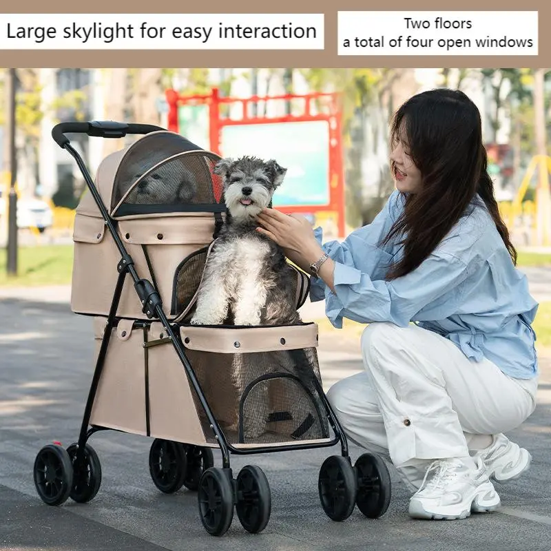 Factory Direct Sales Double-layer Pet Stroller Lightweight Foldable Cat and Dog Small and Medium Pet Outdoor Stroller