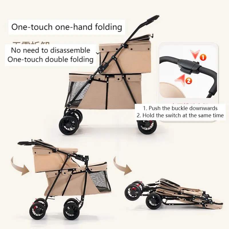 Factory Direct Sales Double-layer Pet Stroller Lightweight Foldable Cat and Dog Small and Medium Pet Outdoor Stroller