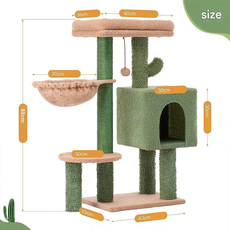 Khaki Small Cat Tower 34-Inch Nylon Cat Tree with Padded Top Perch Fully Scratching Post Dangling Bell Ball for Indoor Cats