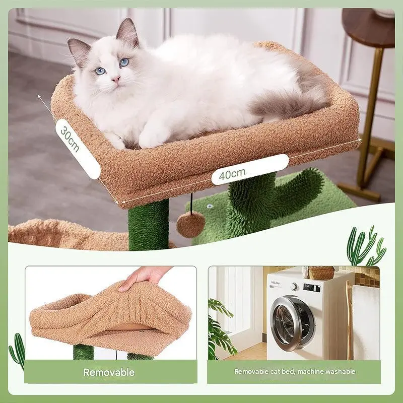Khaki Small Cat Tower 34-Inch Nylon Cat Tree with Padded Top Perch Fully Scratching Post Dangling Bell Ball for Indoor Cats