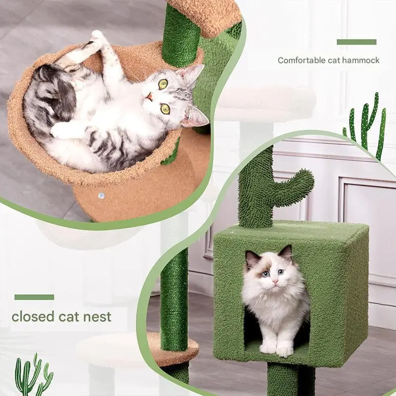 Khaki Small Cat Tower 34-Inch Nylon Cat Tree with Padded Top Perch Fully Scratching Post Dangling Bell Ball for Indoor Cats