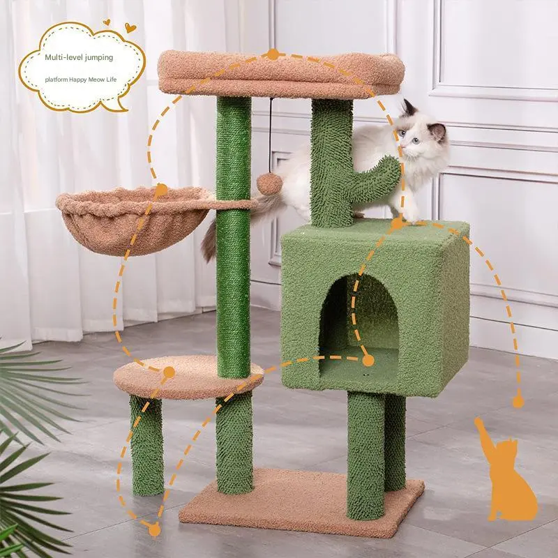 Khaki Small Cat Tower 34-Inch Nylon Cat Tree with Padded Top Perch Fully Scratching Post Dangling Bell Ball for Indoor Cats