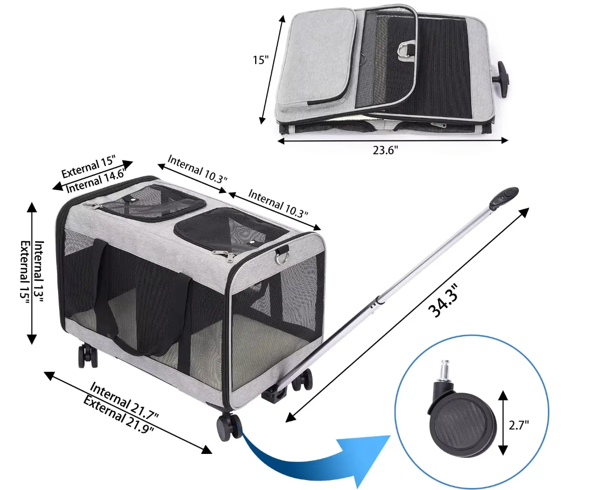 Large Portable Four Wheels Pet Stroller with Detachable Basket Foldable Cat Carrier for Travel for Cats & Small Animals
