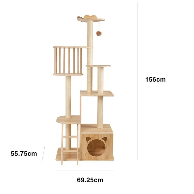 Modern Solid Wood Cat Climbing Frame with Nest and Ladder Sisal Scratching Post Floor-Standing Pet Toys for Cats