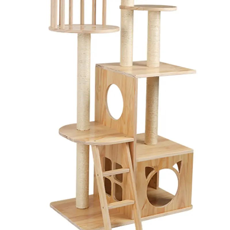Modern Solid Wood Cat Climbing Frame with Nest and Ladder Sisal Scratching Post Floor-Standing Pet Toys for Cats