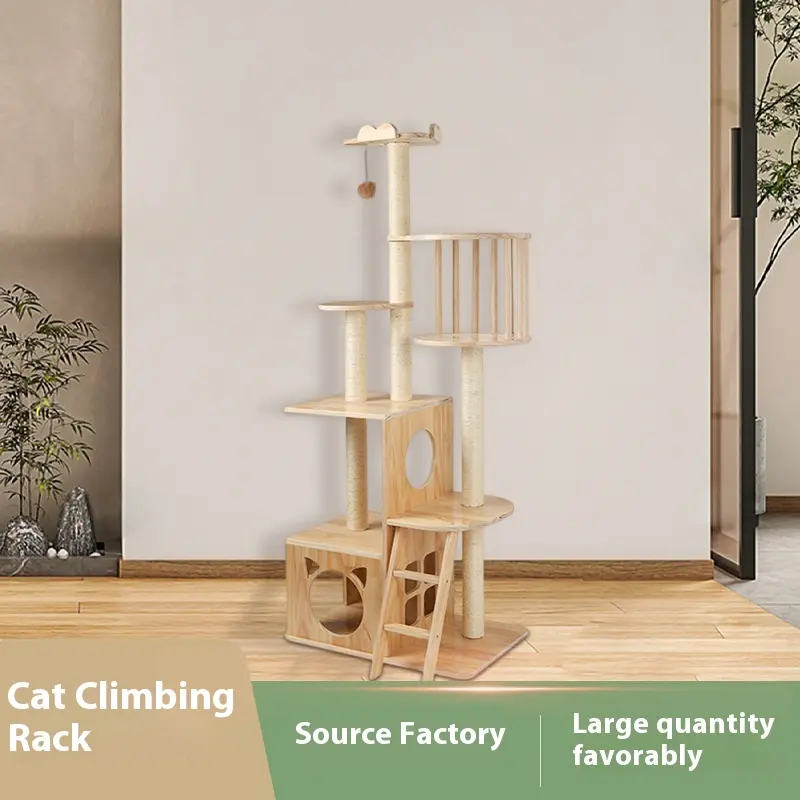 Modern Solid Wood Cat Climbing Frame with Nest and Ladder Sisal Scratching Post Floor-Standing Pet Toys for Cats