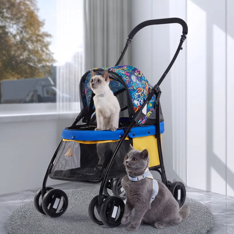 Transparent Panoramic Perspective Metal Pet Stroller One-key Folding Going Out Amusement Cat Dog Hand Push Car Wholesale