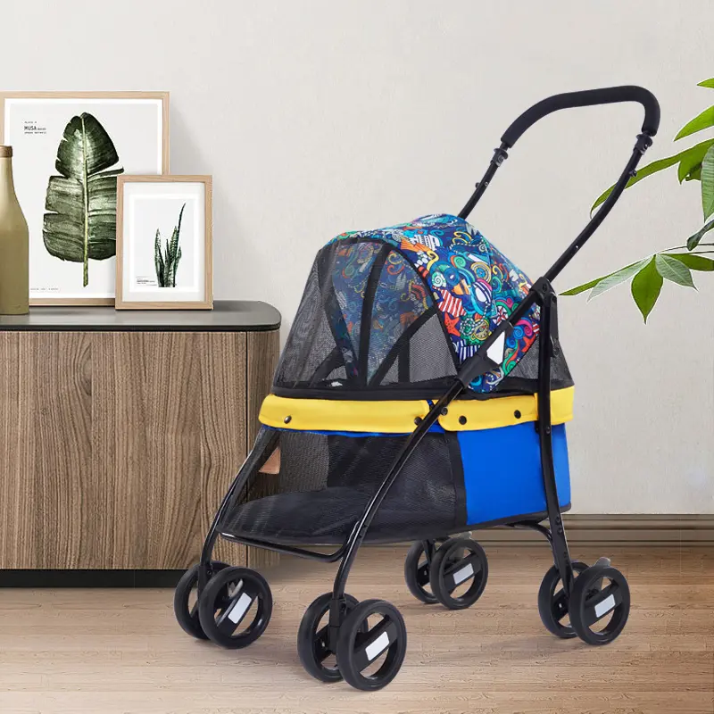 Transparent Panoramic Perspective Metal Pet Stroller One-key Folding Going Out Amusement Cat Dog Hand Push Car Wholesale