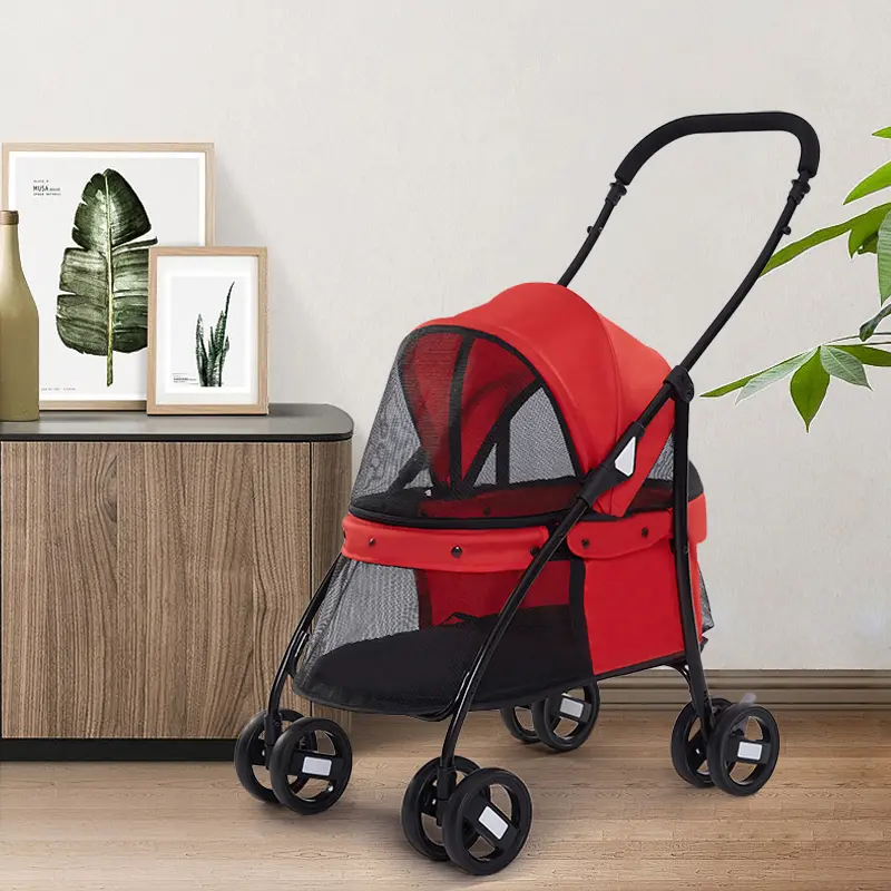 Transparent Panoramic Perspective Metal Pet Stroller One-key Folding Going Out Amusement Cat Dog Hand Push Car Wholesale