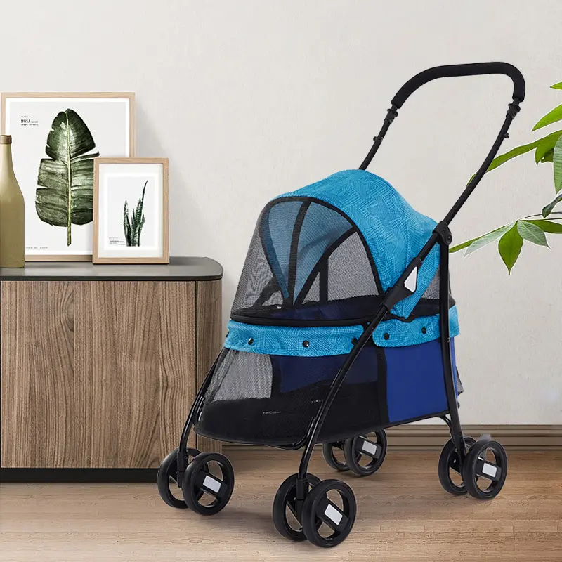 Transparent Panoramic Perspective Metal Pet Stroller One-key Folding Going Out Amusement Cat Dog Hand Push Car Wholesale