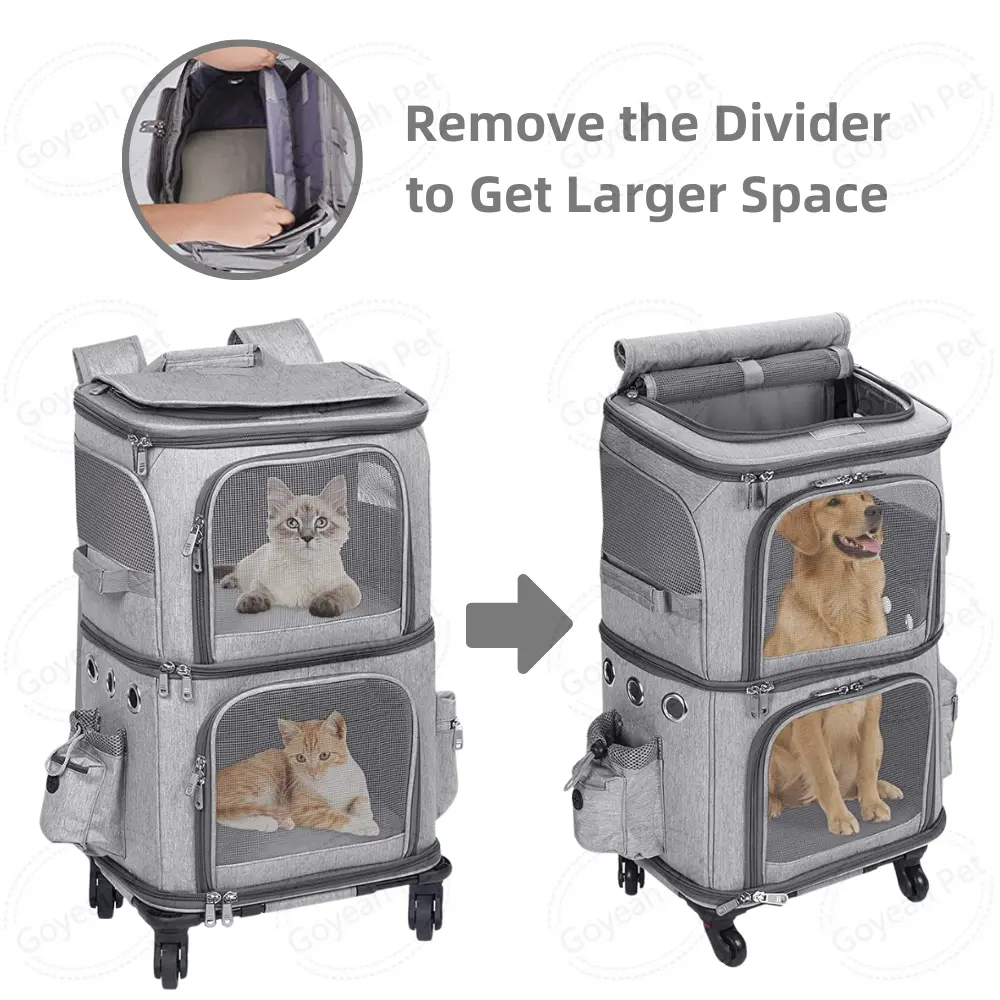 Double Layer Cat Dog Carrying Bag Pet Trolley Backpack Portable Pet Rolling Carrier with Wheels