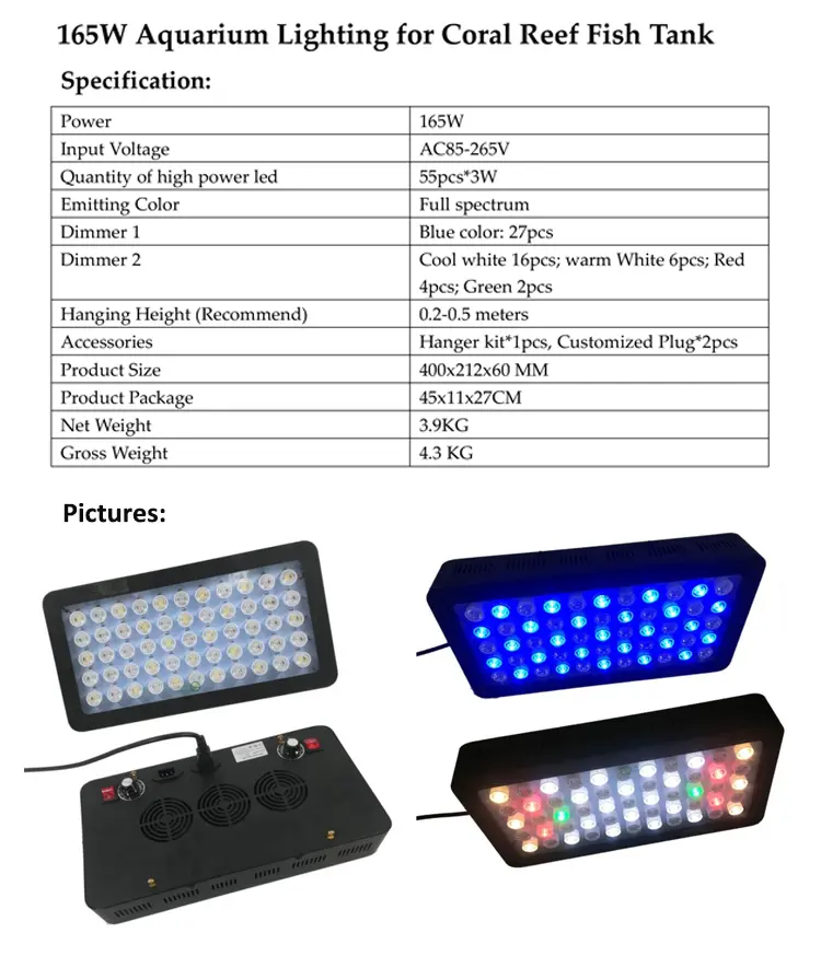 Fish Tank Coral Reef Growth Dimmable Lighting System  Full Spectrum 165W LED Aquarium Lamp