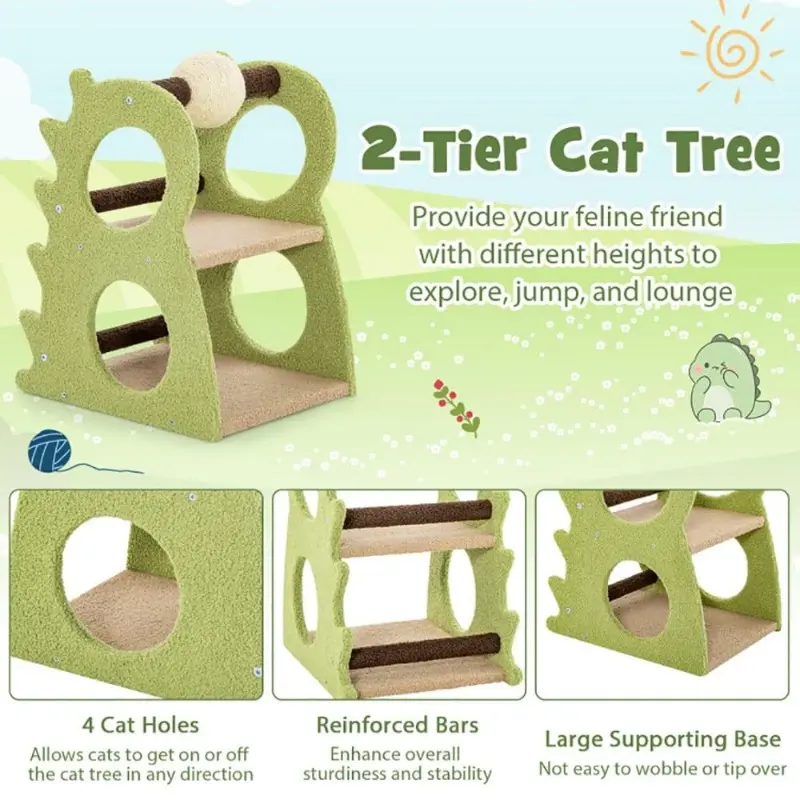 2-Tier Modern Cat Tree for Indoor Cats with Rotatable Sisal Scratching Ball