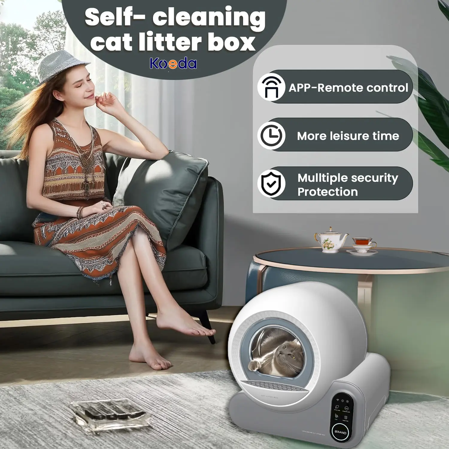 Smart Automatic Extra Large Cat Litter Box with Odor Removal APP Control for Multiple Cats Sand Material 10kg Weight