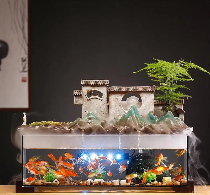 Glass Fish Tank Flowing Water Fountain Rockery Living Room Office Desktop Decoration Housewarming Gift Zen Garden Aquarium