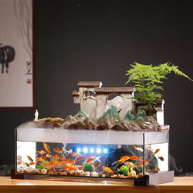 Glass Fish Tank Flowing Water Fountain Rockery Living Room Office Desktop Decoration Housewarming Gift Zen Garden Aquarium