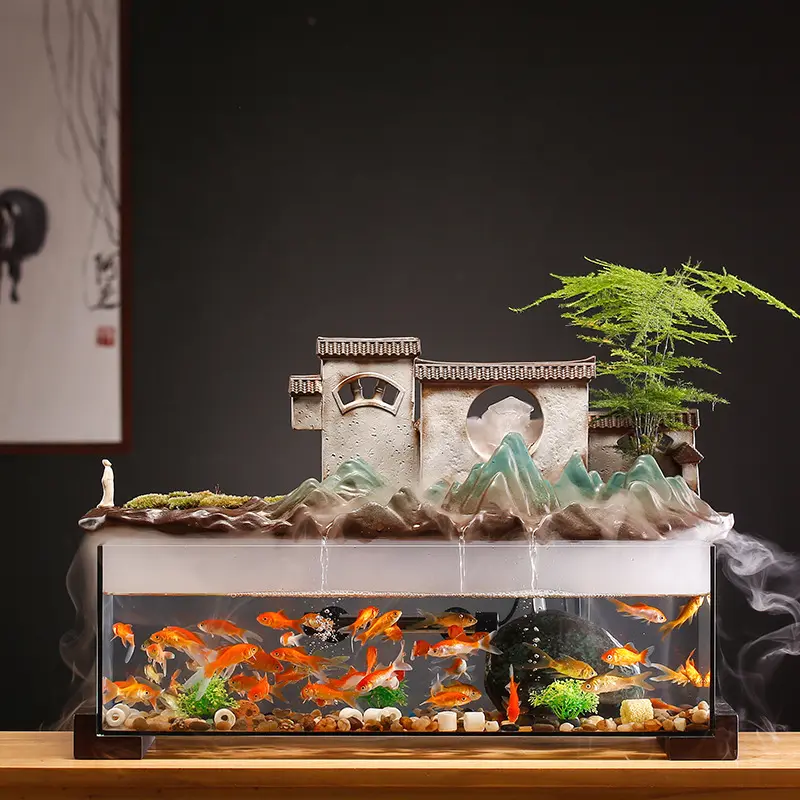Glass Fish Tank Flowing Water Fountain Rockery Living Room Office Desktop Decoration Housewarming Gift Zen Garden Aquarium