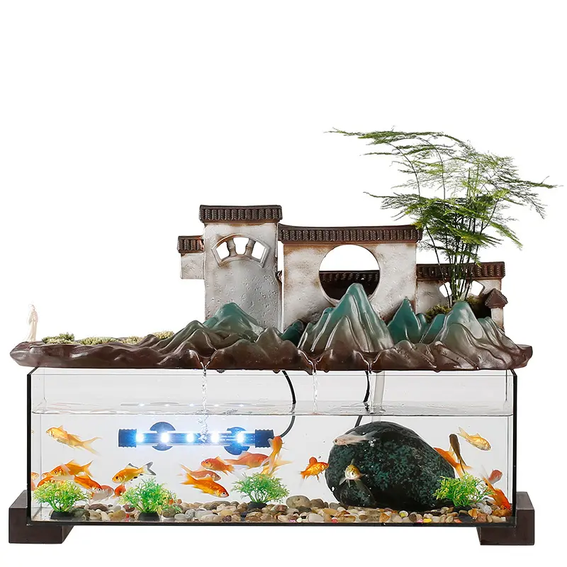 Glass Fish Tank Flowing Water Fountain Rockery Living Room Office Desktop Decoration Housewarming Gift Zen Garden Aquarium