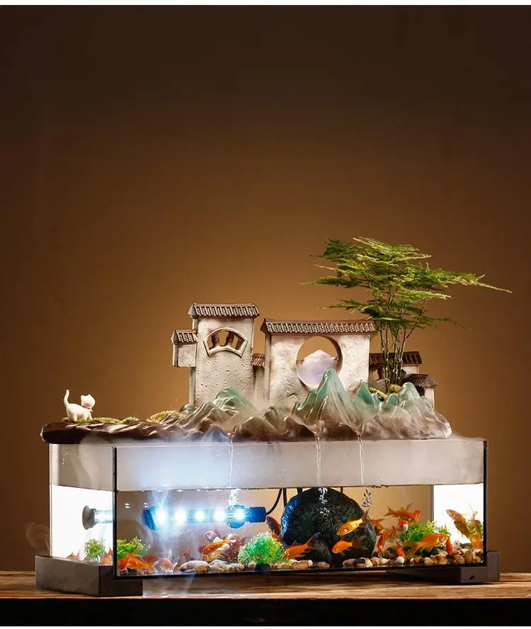 Glass Fish Tank Flowing Water Fountain Rockery Living Room Office Desktop Decoration Housewarming Gift Zen Garden Aquarium