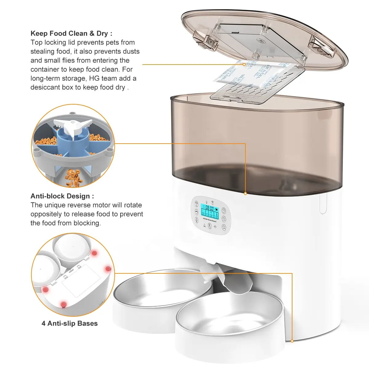 Pet Feeder Food Dispenser for Cat with Two-Way Splitter and Double Bowls Automatic Dog Feeder