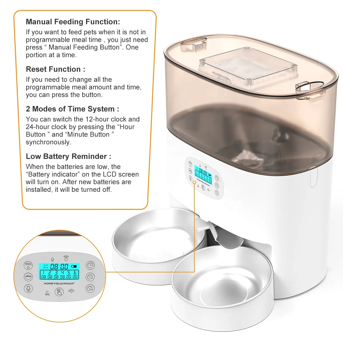 Pet Feeder Food Dispenser for Cat with Two-Way Splitter and Double Bowls Automatic Dog Feeder